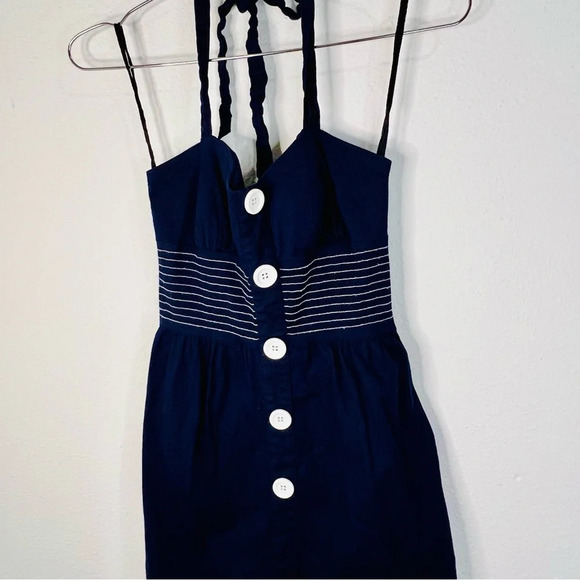Ruby Rox Navy Blue Halter Top Dress with White Button Front Vintage Vibe Size 3 - Picture 3 of 12